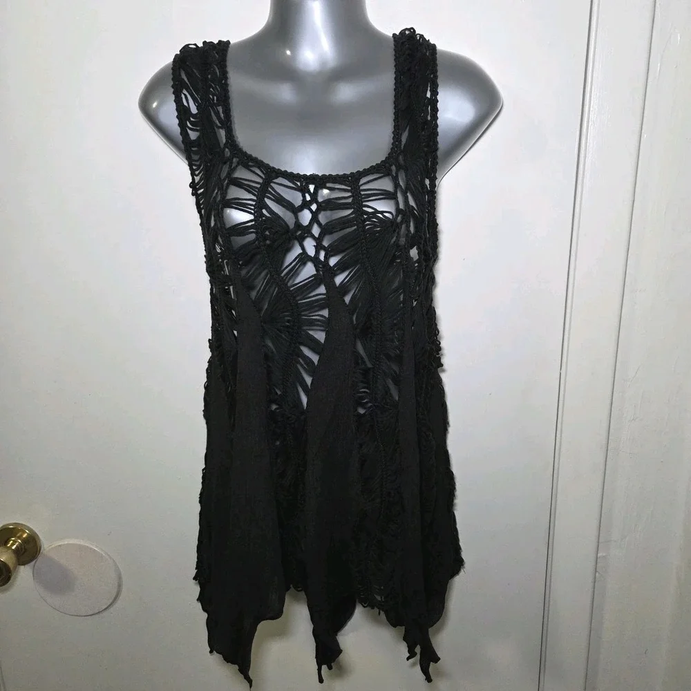 Black‎ Crochet Macrame Festival Vest Boho Witchy Beach Cover Up Top One Size